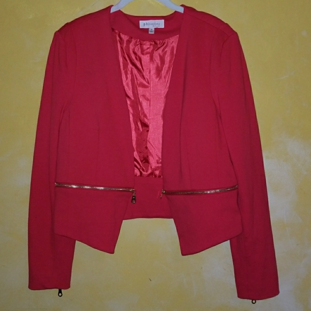 Philosophy NWOT Red Blazer with gold zippers